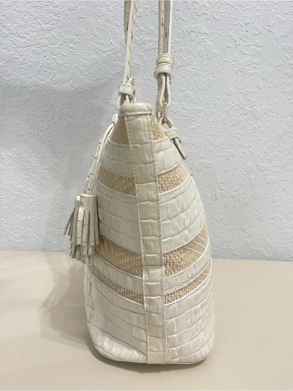 Brahmin Cream Croc-Embossed & Woven Tote Bag with Tassel